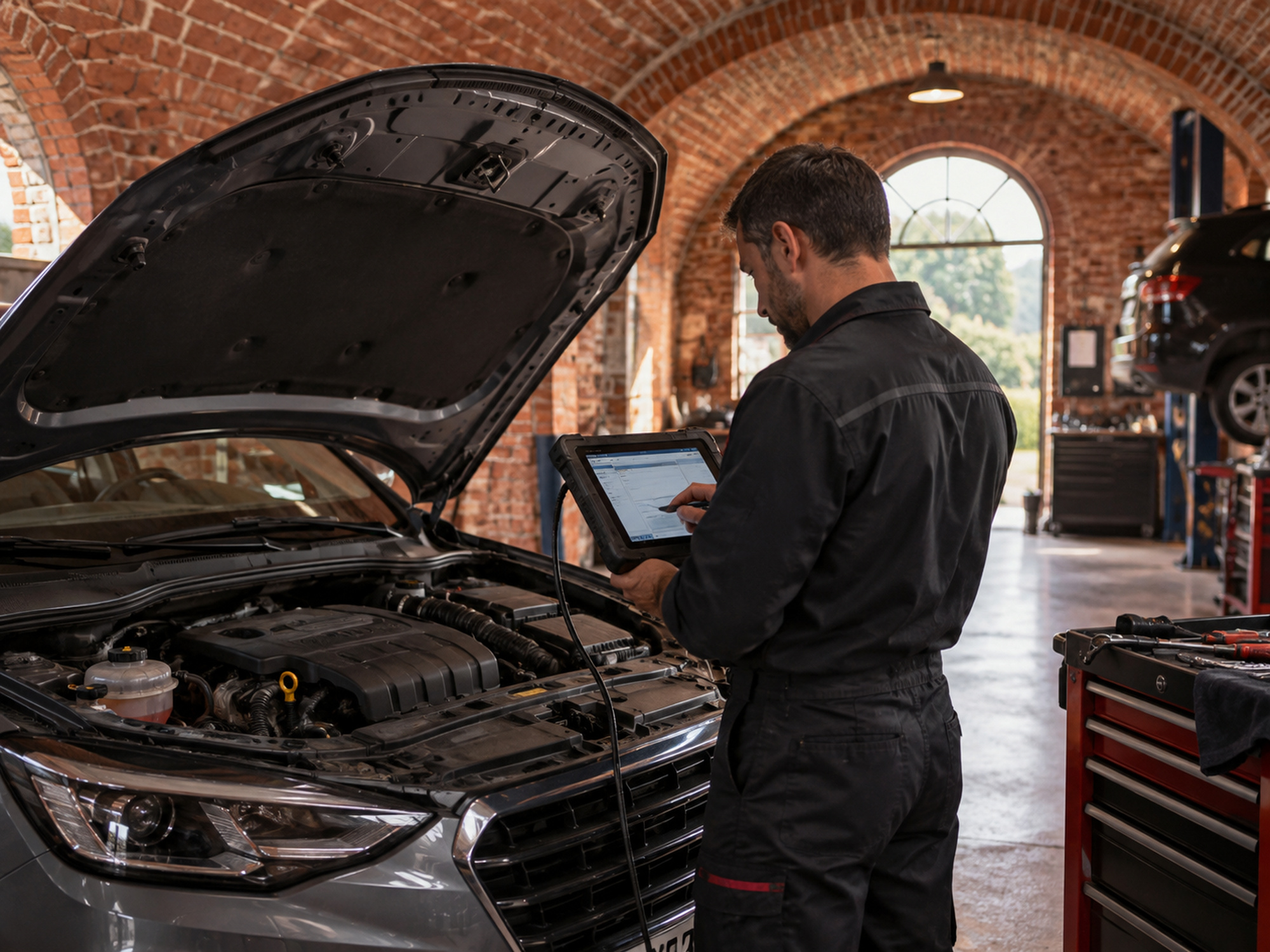 valise de diagnostic branchée sur une voiture sous une arche de brique