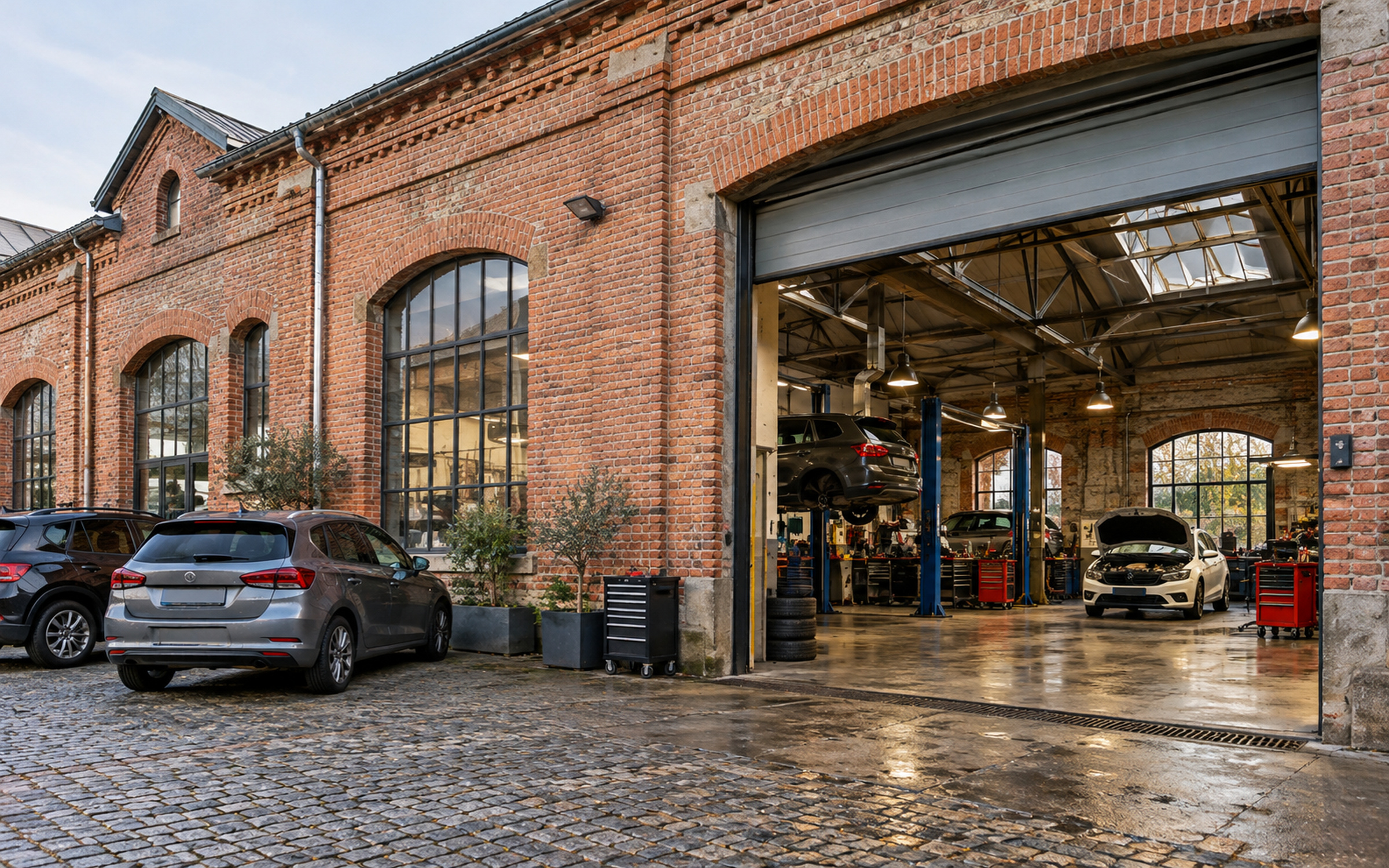 façade d'une ancienne briqueterie avec grande porte de garage